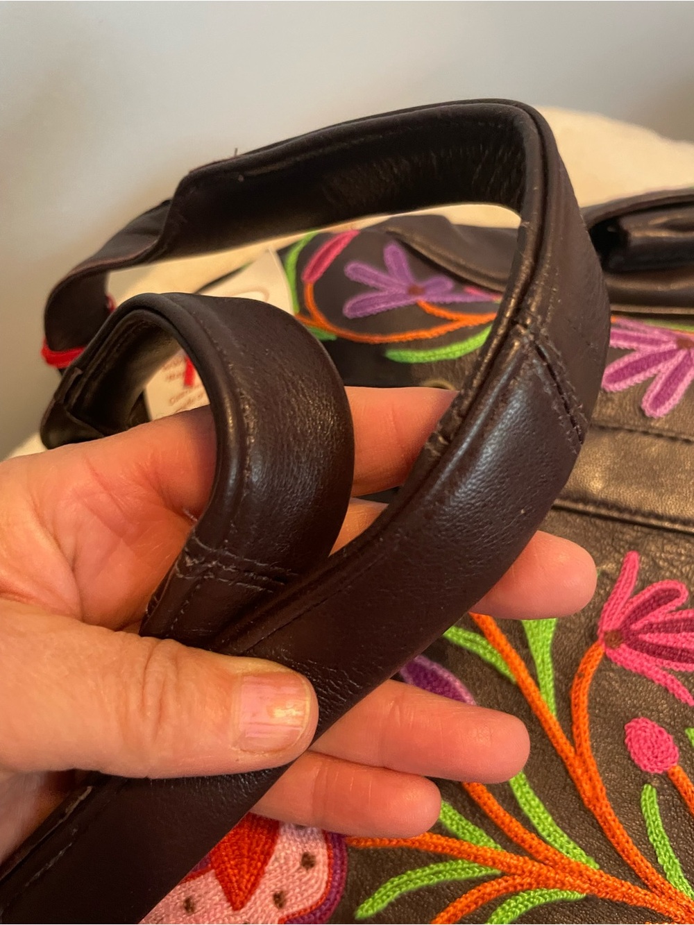 Tarini Hand Embroidered Floral Leather Tote Bag in Black - Picture 7 of 16